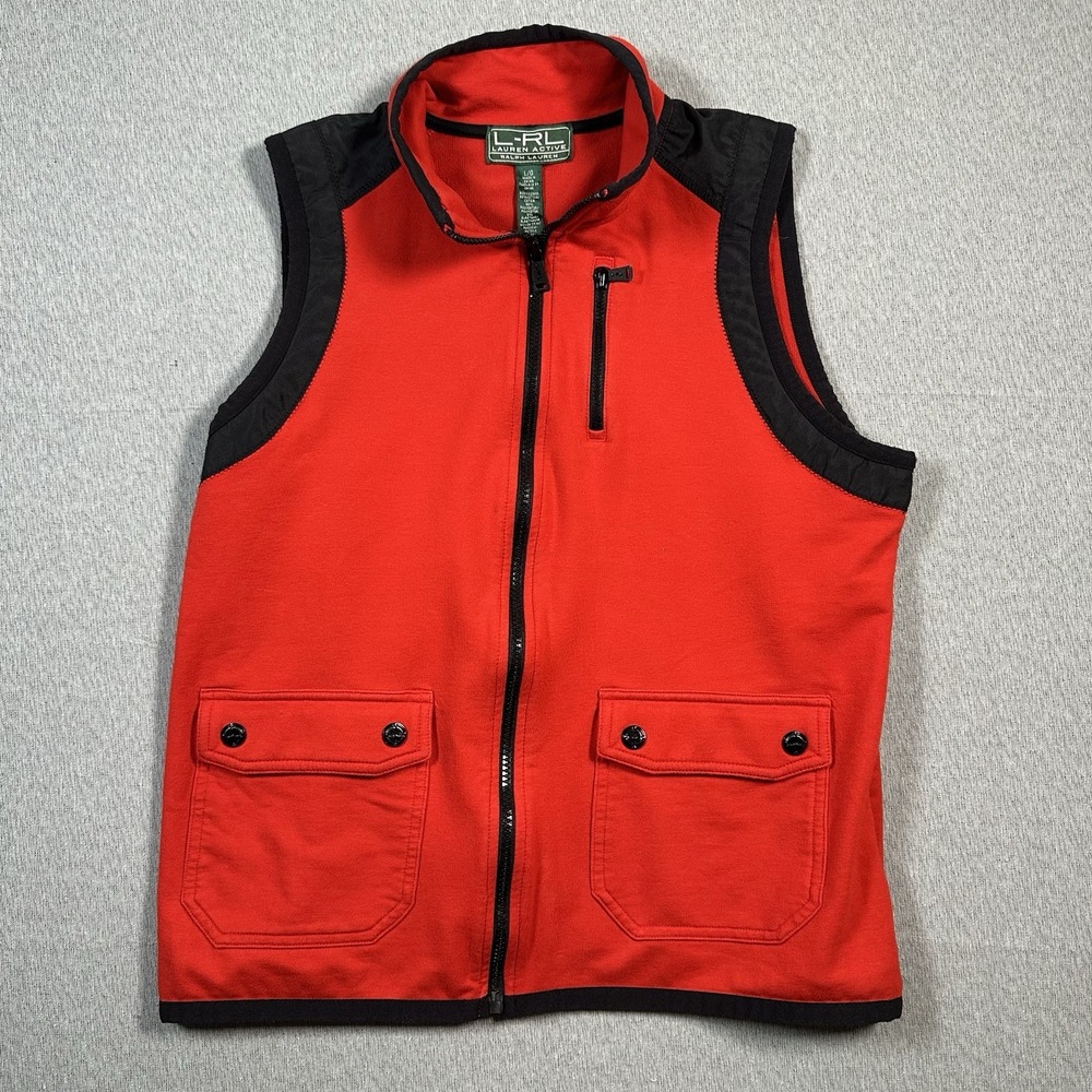 Ralph Lauren Vest Womens L Red Full Zip Sleeveless Cargo Pockets Golf Active‎